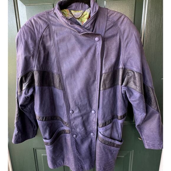 Vintage Pelle NY Milano Navy Blue Leather Jacket M Moto Style Equestrian Lining - Picture 2 of 11